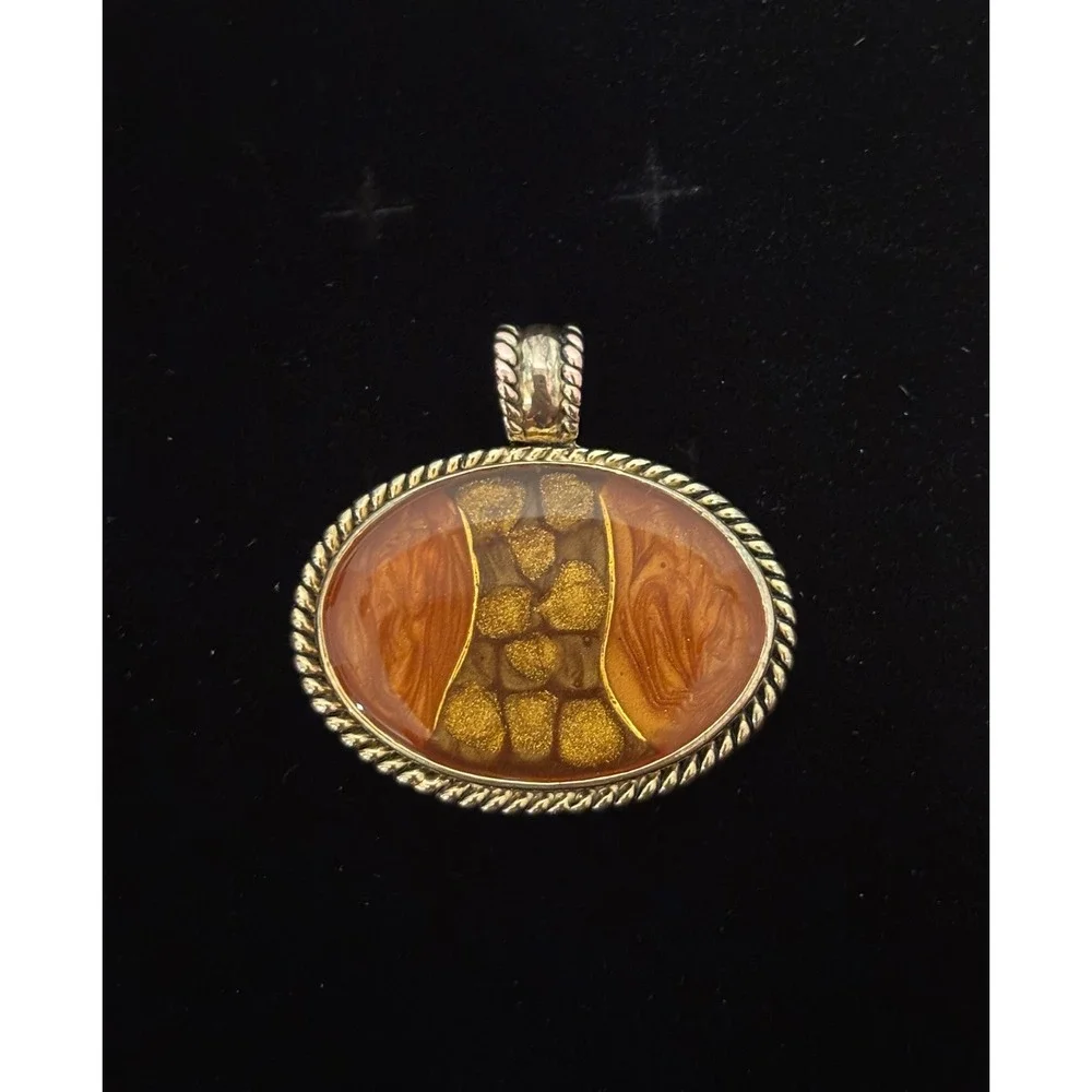 KCS Vintage Oval Pendant Gold Tone Burnt Orange Swirl Enamel Statement Charm